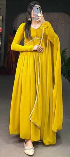 Festive, Party Wear Yellow color Gown in Georgette fabric with Embroidered, Sequence, Thread work : 1925118