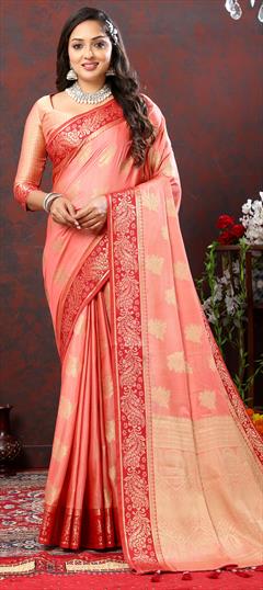 Party Wear, Traditional Pink and Majenta color Saree in Cotton fabric with Bengali Weaving, Zari work : 1925131