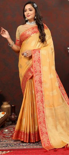 Party Wear, Traditional Yellow color Saree in Cotton fabric with Bengali Weaving, Zari work : 1925132