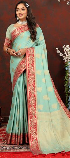 Party Wear, Traditional Blue color Saree in Cotton fabric with Bengali Weaving, Zari work : 1925133