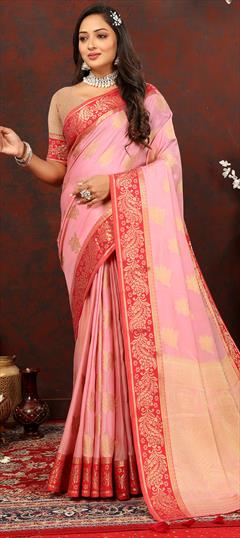 Party Wear, Traditional Pink and Majenta color Saree in Cotton fabric with Bengali Weaving, Zari work : 1925134