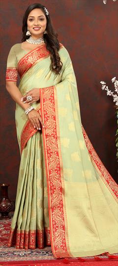 Party Wear, Traditional Green color Saree in Cotton fabric with Bengali Weaving, Zari work : 1925135