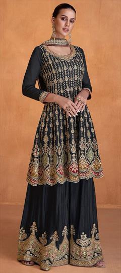 Festive, Reception, Wedding Black and Grey color Salwar Kameez in Faux Georgette fabric with Sharara, Straight Embroidered, Sequence, Thread work : 1925210