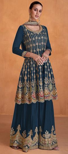 Festive, Reception, Wedding Blue color Salwar Kameez in Faux Georgette fabric with Sharara, Straight Embroidered, Sequence, Thread work : 1925212