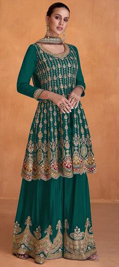 Festive, Reception, Wedding Green color Salwar Kameez in Faux Georgette fabric with Sharara, Straight Embroidered, Sequence, Thread work : 1925214