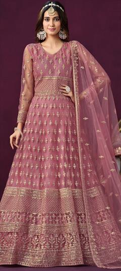 Mehendi Sangeet, Reception, Wedding Pink and Majenta color Salwar Kameez in Net fabric with Anarkali Embroidered, Sequence, Thread, Zari work : 1925216