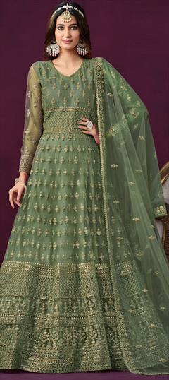 Mehendi Sangeet, Reception, Wedding Green color Salwar Kameez in Net fabric with Anarkali Embroidered, Sequence, Thread, Zari work : 1925217