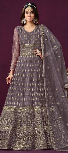 Mehendi Sangeet, Reception, Wedding Black and Grey color Salwar Kameez in Net fabric with Anarkali Embroidered, Sequence, Thread, Zari work : 1925218