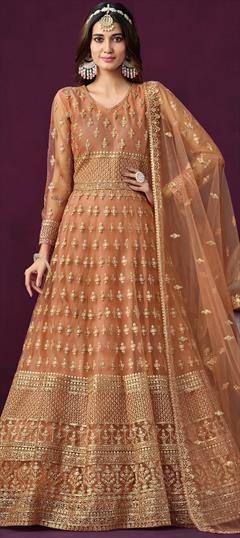 Mehendi Sangeet, Reception, Wedding Beige and Brown color Salwar Kameez in Net fabric with Anarkali Embroidered, Sequence, Thread, Zari work : 1925219