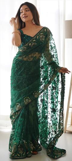 Festive, Party Wear Green color Saree in Net fabric with Classic Embroidered, Thread work : 1925327