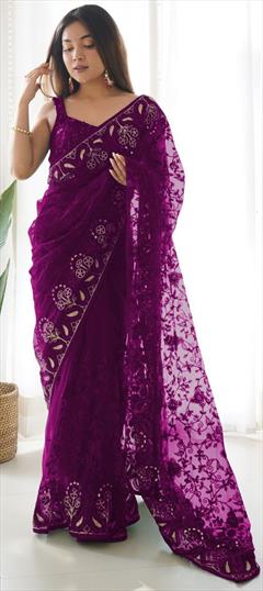 Festive, Party Wear Purple and Violet color Saree in Net fabric with Classic Embroidered, Thread work : 1925328