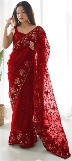Festive, Party Wear Red and Maroon color Saree in Net fabric with Classic Embroidered, Thread work : 1925329