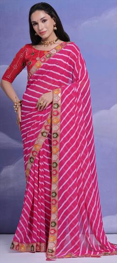 Festive, Party Wear, Reception Pink and Majenta color Saree in Georgette fabric with Classic Border, Lehariya, Printed, Sequence work : 1925354