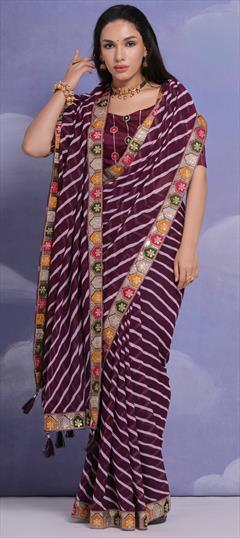 Festive, Party Wear, Reception Purple and Violet color Saree in Georgette fabric with Classic Border, Lehariya, Printed, Sequence work : 1925355