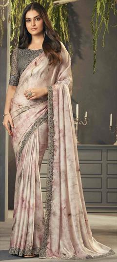 Festive, Reception, Traditional Pink and Majenta color Saree in Satin Silk fabric with Classic Embroidered, Sequence, Thread work : 1925360