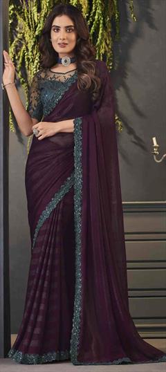 Engagement, Reception, Wedding Purple and Violet color Saree in Chiffon fabric with Classic Embroidered, Sequence, Thread work : 1925361