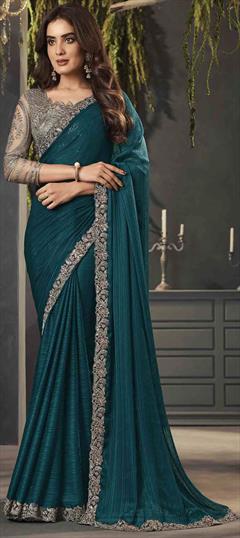 Festive, Reception, Traditional Blue color Saree in Satin Silk fabric with Classic Embroidered, Sequence, Thread work : 1925362