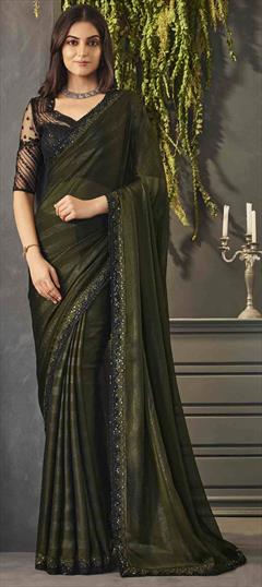 Engagement, Reception, Wedding Green color Saree in Chiffon fabric with Classic Embroidered, Sequence, Thread work : 1925363