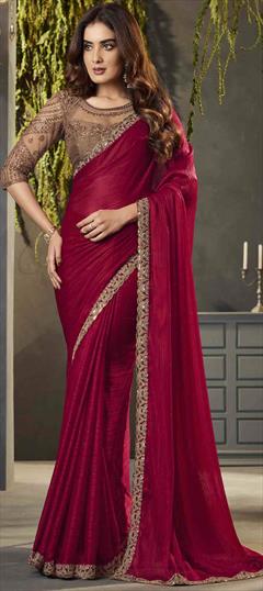 Festive, Reception, Traditional Pink and Majenta color Saree in Satin Silk fabric with Classic Embroidered, Sequence, Thread work : 1925365