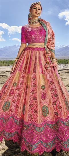 Bridal, Wedding Pink and Majenta color Lehenga in Banarasi Silk fabric with Flared Embroidered, Sequence, Thread, Weaving work : 1925508