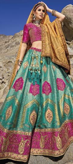 Bridal, Wedding Blue color Lehenga in Banarasi Silk fabric with Flared Embroidered, Sequence, Thread, Weaving work : 1925509