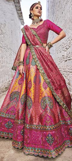 Bridal, Wedding Pink and Majenta, Yellow color Lehenga in Banarasi Silk fabric with Flared Embroidered, Sequence, Thread, Weaving work : 1925510