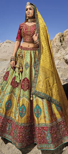 Bridal, Wedding Green, Yellow color Lehenga in Banarasi Silk fabric with Flared Embroidered, Sequence, Thread, Weaving work : 1925512