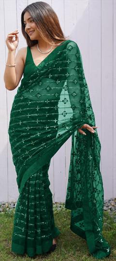 Reception, Wedding Green color Saree in Net fabric with Classic Embroidered, Sequence, Stone, Thread work : 1925523
