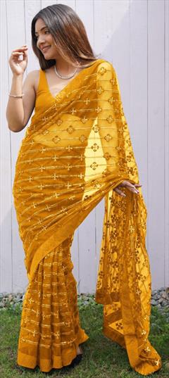 Reception, Wedding Yellow color Saree in Net fabric with Classic Embroidered, Sequence, Stone, Thread work : 1925524