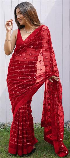 Reception, Wedding Red and Maroon color Saree in Net fabric with Classic Embroidered, Sequence, Stone, Thread work : 1925525