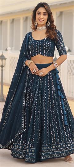 Reception, Wedding Blue color Lehenga in Georgette fabric with Flared Embroidered, Sequence, Thread work : 1925560