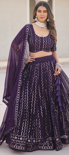 Reception, Wedding Purple and Violet color Lehenga in Georgette fabric with Flared Embroidered, Sequence, Thread work : 1925561