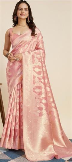 Traditional Pink and Majenta color Saree in Silk cotton fabric with Bengali, South Weaving work : 1925629