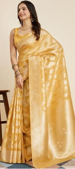 Traditional Yellow color Saree in Silk cotton fabric with Bengali, South Weaving work : 1925630