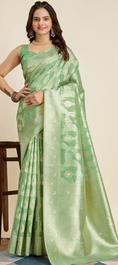Traditional Green color Saree in Silk cotton fabric with Bengali, South Weaving work : 1925631