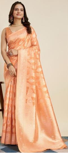 Traditional Orange color Saree in Silk cotton fabric with Bengali, South Weaving work : 1925632