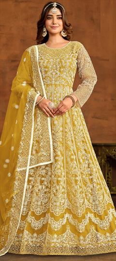 Engagement, Festive, Reception Yellow color Salwar Kameez in Net fabric with Anarkali Embroidered, Resham, Thread work : 1925833