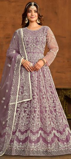Engagement, Festive, Reception Purple and Violet color Salwar Kameez in Net fabric with Anarkali Embroidered, Resham, Thread work : 1925835