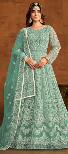 Engagement, Festive, Reception Green color Salwar Kameez in Net fabric with Anarkali Embroidered, Resham, Thread work : 1925836