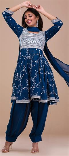 Festive, Mehendi Sangeet, Reception Blue color Salwar Kameez in Art Silk fabric with Anarkali, Patiala Embroidered, Thread work : 1925845