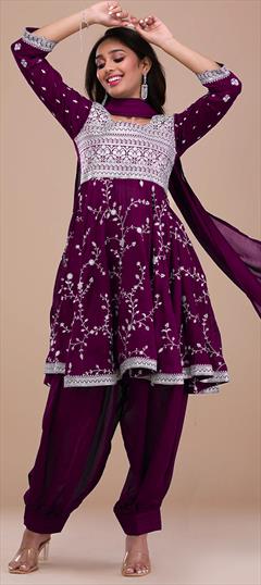 Festive, Mehendi Sangeet, Reception Purple and Violet color Salwar Kameez in Art Silk fabric with Anarkali, Patiala Embroidered, Thread work : 1925846