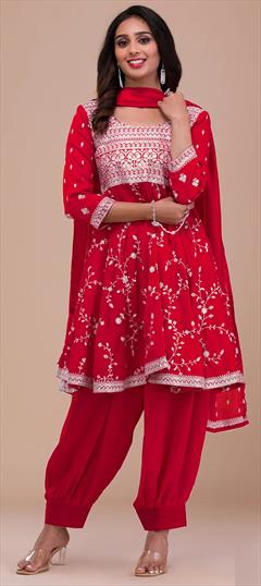 Festive, Mehendi Sangeet, Reception Red and Maroon color Salwar Kameez in Art Silk fabric with Anarkali, Patiala Embroidered, Thread work : 1925847