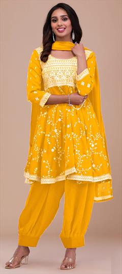 Festive, Mehendi Sangeet, Reception Yellow color Salwar Kameez in Art Silk fabric with Anarkali, Patiala Embroidered, Thread work : 1925848