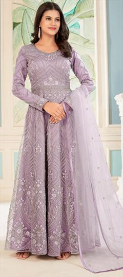 Festive, Party Wear, Reception Purple and Violet color Salwar Kameez in Net fabric with Anarkali Embroidered, Sequence, Thread, Zari work : 1925857