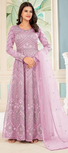 Festive, Party Wear, Reception Pink and Majenta color Salwar Kameez in Net fabric with Anarkali Embroidered, Sequence, Thread, Zari work : 1925859