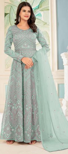 Festive, Party Wear, Reception Green color Salwar Kameez in Net fabric with Anarkali Embroidered, Sequence, Thread, Zari work : 1925860