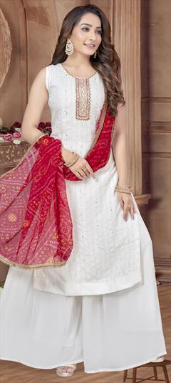 Festive, Party Wear, Reception White and Off White color Salwar Kameez in Faux Georgette fabric with Palazzo, Straight Cut Dana, Mirror, Thread work : 1925906