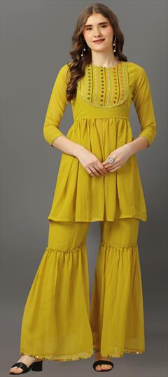 Festive, Reception Yellow color Salwar Kameez in Georgette fabric with Sharara Embroidered, Thread work : 1925916