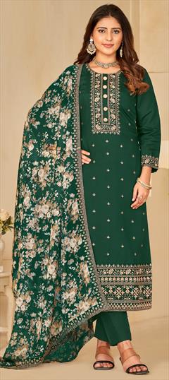 Festive, Party Wear Green color Salwar Kameez in Art Silk fabric with Straight Embroidered, Sequence, Thread work : 1925938