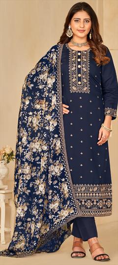 Festive, Party Wear Blue color Salwar Kameez in Art Silk fabric with Straight Embroidered, Sequence, Thread work : 1925940